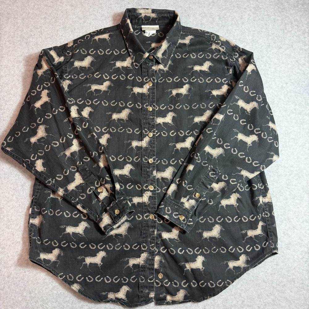 Vintage Coldwater Creek Womens L Black Horse Horseshoe Western Button Up Shirt - Picture 2 of 11